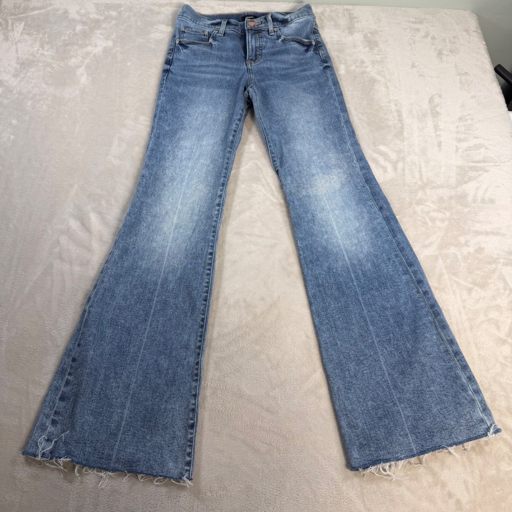 Express 70s Flare Mid Rise Jeans Women 0R Blue Denim Raw Hem Retro